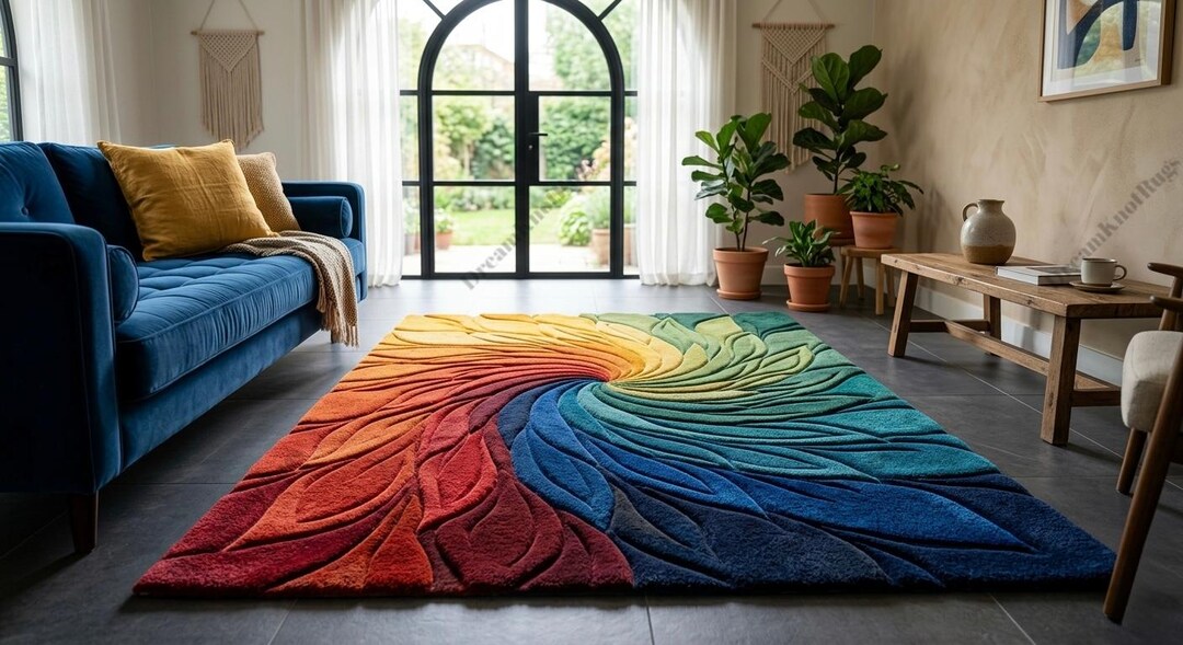 Saturated Colorful Rug Rainbow Spiral Hand Tufted Rug, Colorful Wool Area Rug, Abstract Swirl ...