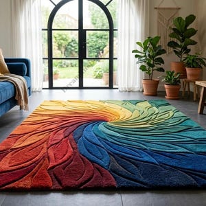 Rainbow Spiral Hand Tufted Rug, Colorful Wool Area Rug, Abstract Swirl Carpet, Modern Gradient Rug, Statement Living Room Rug, Custom Size