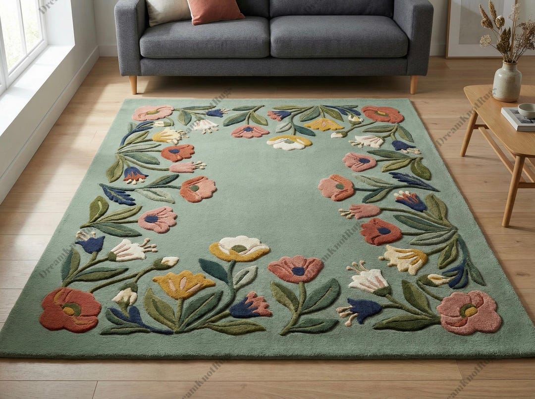 Cfm Rugs Hand Tufted Floral Rug Sage Green | Botanical Flower Area Rug | Vintage ...