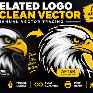 Pode incluir: Um serviço de design gráfico mostrando um logotipo de águia pixelado à esquerda e uma versão vetorial limpa à direita. O texto inclui PIXELATED LOGO TO CLEAN VECTOR, 100% MANUAL WORK, NO AUTO TRACE e formatos AI, EPS, SVG, PDF, PNG.