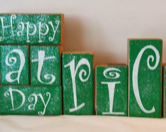 Happy St. Patrick's Day Blocks Wood Set Green Blocks And White Letters With Glitter Holiday Blocks