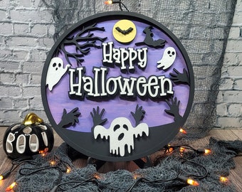 Happy Halloween 3D Laser Round Wood Sign With Stand | Halloween Decoration | Ghost, Bats, Creepy Hands | Gift | Home Decoration