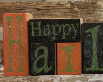 Happy Halloween Blocks Orange & Black Set Of 10 Wood Decoration