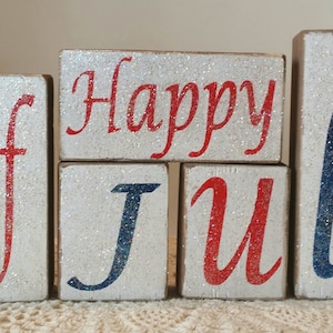 Happy 4th Of July Wood Americana Blocks Holiday Blocks Glitter Blocks