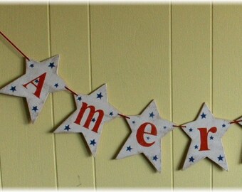 4th Of July America Banner Garland Stars Shabby Chic Custom Wood Sign Americana Holiday