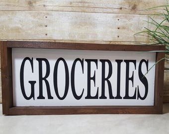 Groceries Framed Farmhouse. Wood Kitchen Sign. Farmhouse Wood Sign 7" x 17". Kitchen Decor. Rustic Kitchen. Farmhouse Style. Fixer Upper