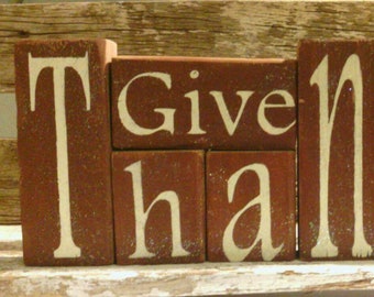 Give Thanks Wood Block Set - Brown Glitter Thanksgiving Decor