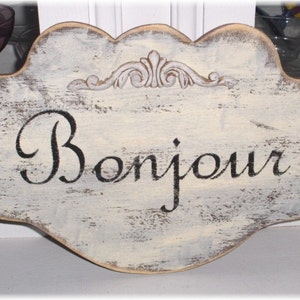 Bonjour Cream Shabby Cottage Wall Decoration Wood Sign image 1