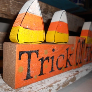 Trick Or Treat Halloween Wood Glitter Blocks Shelf Sitter Glitter Blocks Orange Candy Corns Halloween Decoration Wood Personalized Blocks image 2