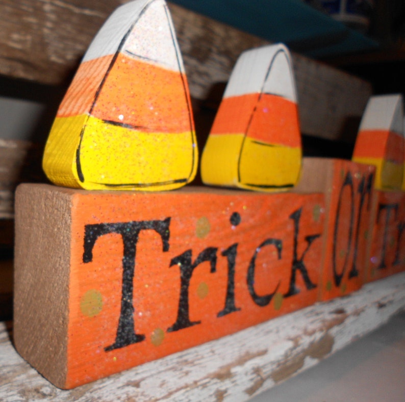 Trick Or Treat Halloween Wood Glitter Blocks Shelf Sitter Glitter Blocks Orange Candy Corns Halloween Decoration Wood Personalized Blocks image 2