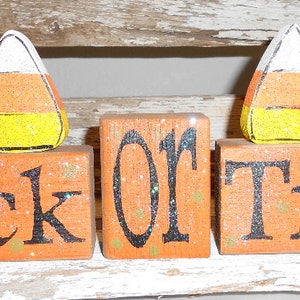 Trick Or Treat Halloween Wood Glitter Blocks Shelf Sitter Glitter Blocks Orange Candy Corns Halloween Decoration Wood Personalized Blocks image 1