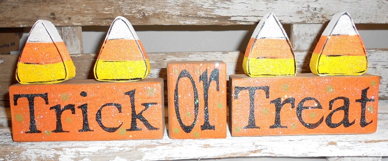 Trick Or Treat Halloween Wood Glitter Blocks Shelf Sitter Glitter Blocks Orange Candy Corns Halloween Decoration Wood Personalized Blocks image 1