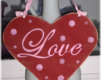 Valentine Heart Love Red Shabby Chic Cottage Wood Sign With Pink Polka Dots Custom Colors