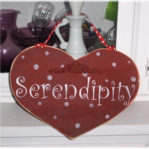 Serendipity Red Heart With White Polka Dots Shabby Cottage Wood Sign Custom image 1