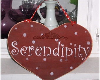 Serendipity Red Heart With White Polka Dots Shabby Cottage Wood Sign Custom