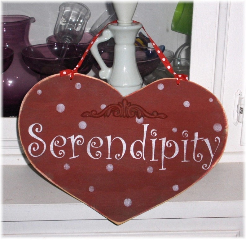 Serendipity Red Heart With White Polka Dots Shabby Cottage Wood Sign Custom image 1
