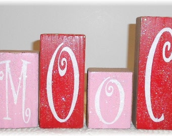 Valentine's Day Smooch Blocks | Wood Set Pink And Red With Glitter | Valentine's Day Wood Blocks | Valentine's Day Decoration |Holiday Decor