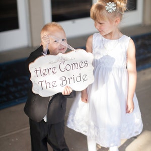 Here Comes The Bride Wedding Sign | Wood White Shabby Sign |  Photo Prop | Wedding Aisle Sign | Flower Girl Ring Bearer Sign | Wedding Decor