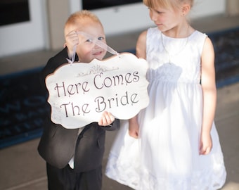 Here Comes The Bride Wedding Sign | Wood White Shabby For Flower Girl or Ring Bearer
