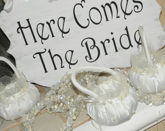 Wedding Sign Here Comes The Bride/And They Lived Happily Ever After, 2-Sided Lg.White Wood Sign, Flower Girl/Ring Bearer Wedding Aisle Sign