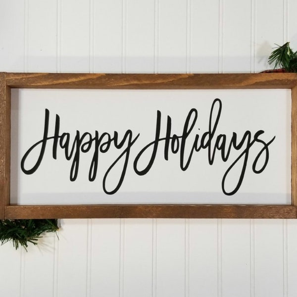 Happy Holidays Framed Farmhouse Wood Sign | Farmhouse Decor Sign 7" x 17"| Farmhouse Christmas | Christmas Decorations | Rustic Sign