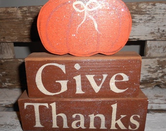 Give Thanks Wood Glitter Blocks Shelf Sitter Blocks Orange Pumpkin Blocks Brown Thanksgiving Decoration Wood Personalized Glitter Blocks