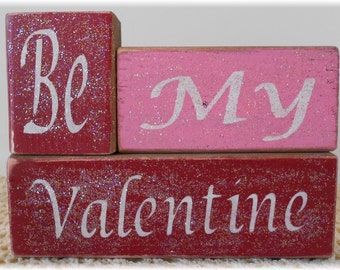 Be My Valentine Wood Block Set | Pink And Red Blocks | Glitter Blocks | Valentine's Day Decoration | Wood Blocks | Holiday Decoration