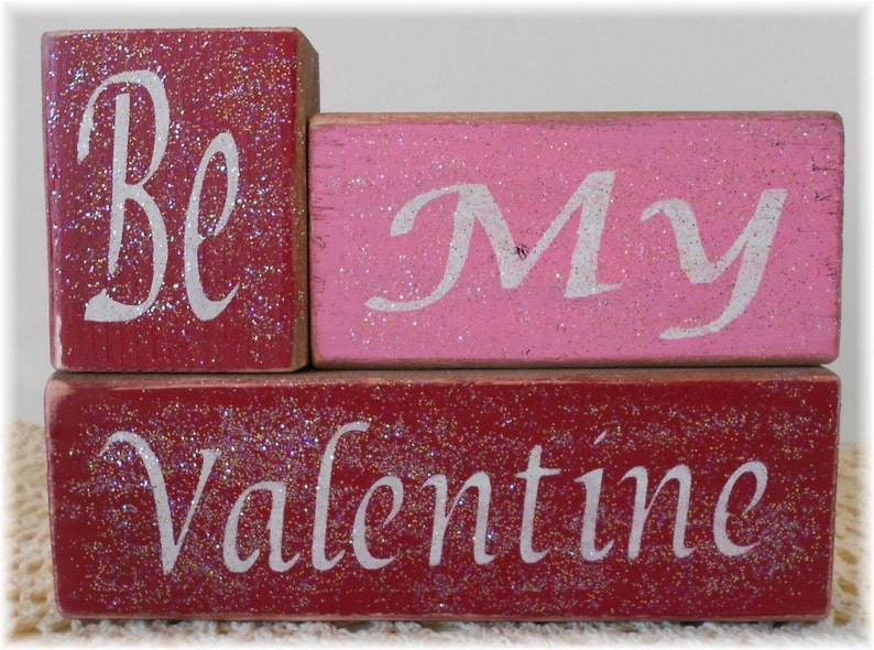 Be My Valentine Wood Block Set Pink And Red Blocks Glitter Blocks Valentine's Day Decoration Wood Blocks Holiday Decoration image 1