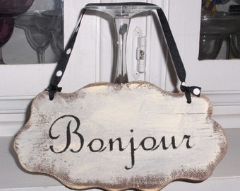 Bonjour Shabby Cottage Wall Decoration White Wood Sign Custom