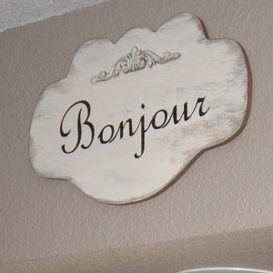 Bonjour Cream Shabby Cottage Wall Decoration Wood Sign image 2