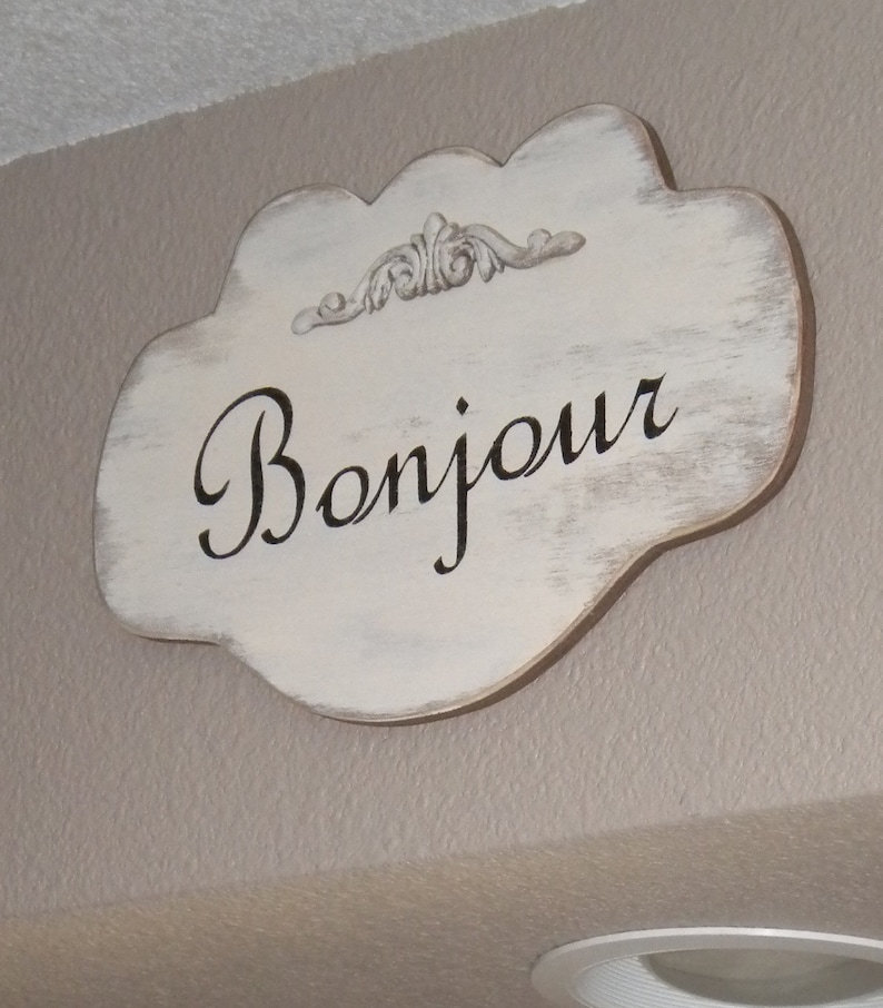 Bonjour Cream Shabby Cottage Wall Decoration Wood Sign image 2