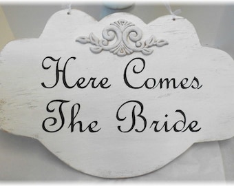 Here Comes The Bride Wedding Sign Large Wood White Shabby Chic Custom Photo Prop