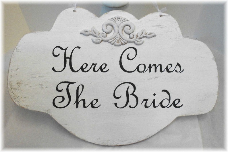 Here Comes The Bride Wedding Sign Large Wood White Shabby Chic Custom Photo Prop image 1