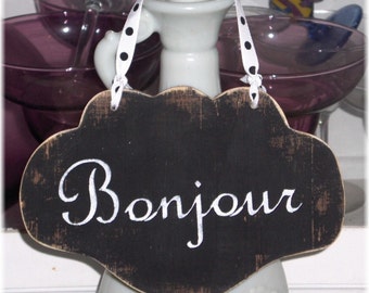 Bonjour Small Black Wood French Sign | Wall Decoration | Home Decor | French Decor | Housewarming Gift | Gift Under 15