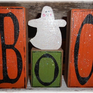 Halloween Boo Blocks Set Of 3 Orange & Green Boo Halloween Blocks With Ghost On Block Shelf Sitter Halloween Blocks Halloween Decoration image 1