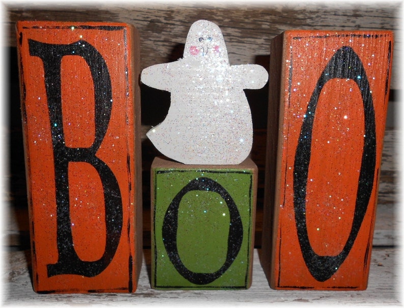 Halloween Boo Blocks Set Of 3 Orange & Green Boo Halloween Blocks With Ghost On Block Shelf Sitter Halloween Blocks Halloween Decoration image 1