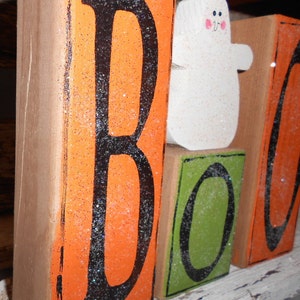 Halloween Boo Blocks Set Of 3 Orange & Green Boo Halloween Blocks With Ghost On Block Shelf Sitter Halloween Blocks Halloween Decoration image 2