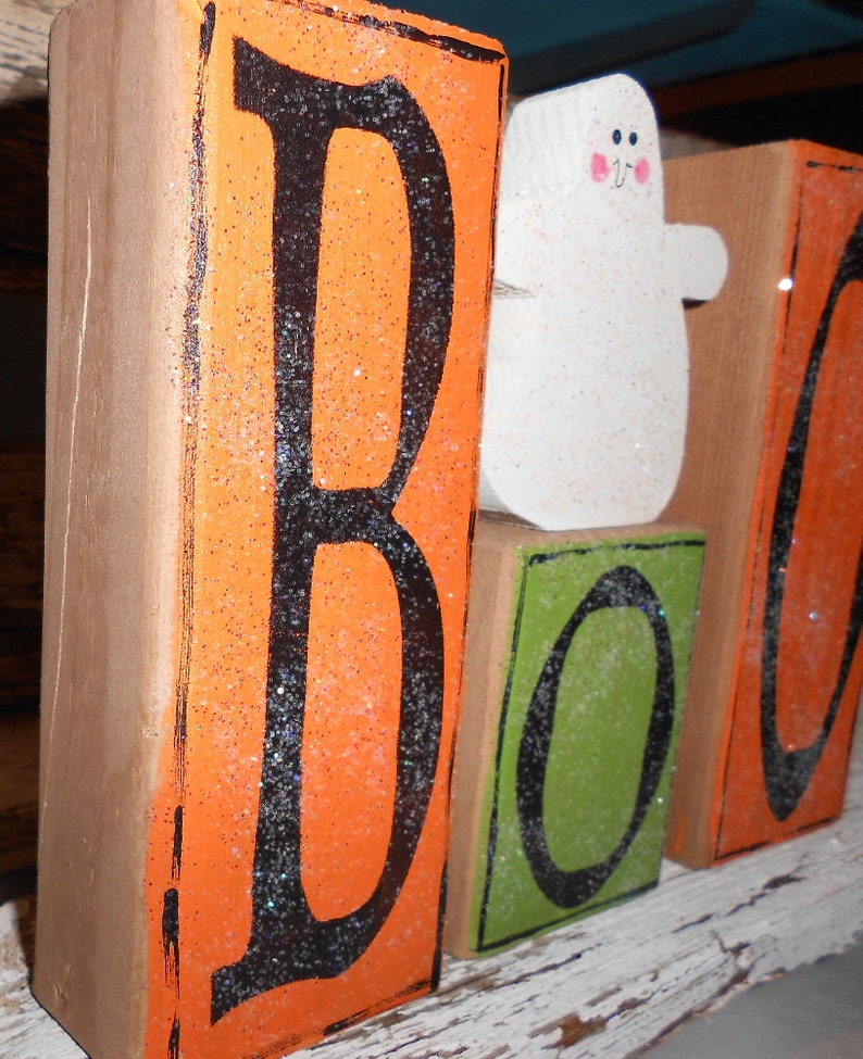 Halloween Boo Blocks Set Of 3 Orange & Green Boo Halloween Blocks With Ghost On Block Shelf Sitter Halloween Blocks Halloween Decoration image 2