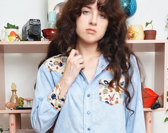 Vintage 1970s Chambray Western Pearl Snap Shirt – XS/S