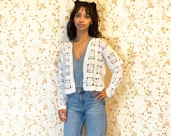 1970s Vintage Crocheted White Cardigan Handmade