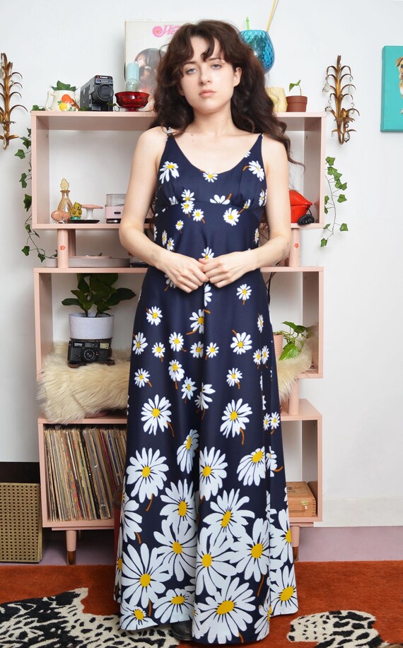 blue daisy flower dress Blue 1950s Halter Lace Daisy Dress