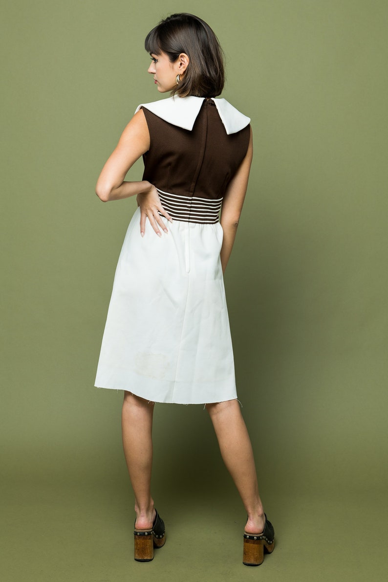 Vintage Made Men Sailor Collar Dress Midi Brown /& White Small Medium 60s 70s dresses