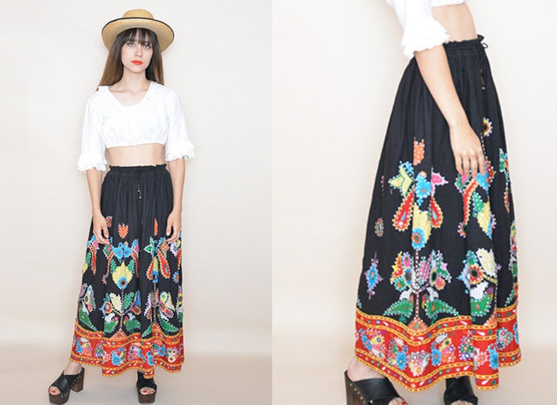 Vintage Ethnic Maxi Skirt Mexican 80s Embroidered Women