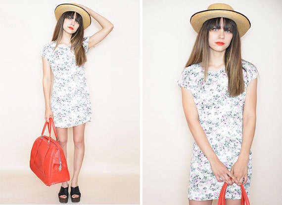 90s Floral Mini Dress White Rayon Vintage Small