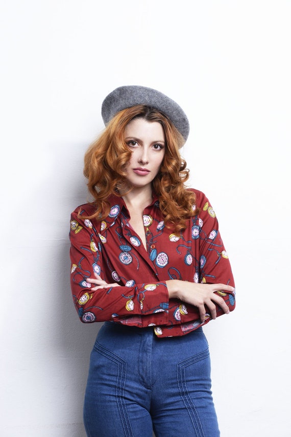 Vintage Long Sleeve Clockwork Blouse 70s Unique Vi