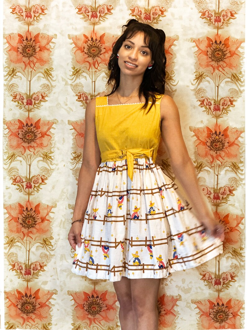 Vintage Cupcake 60s Farmgirl Print Yellow & Summer Dress XS-S image 3