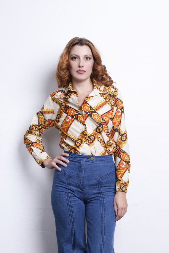 70s Vintage Long Sleeve Blouse Printed