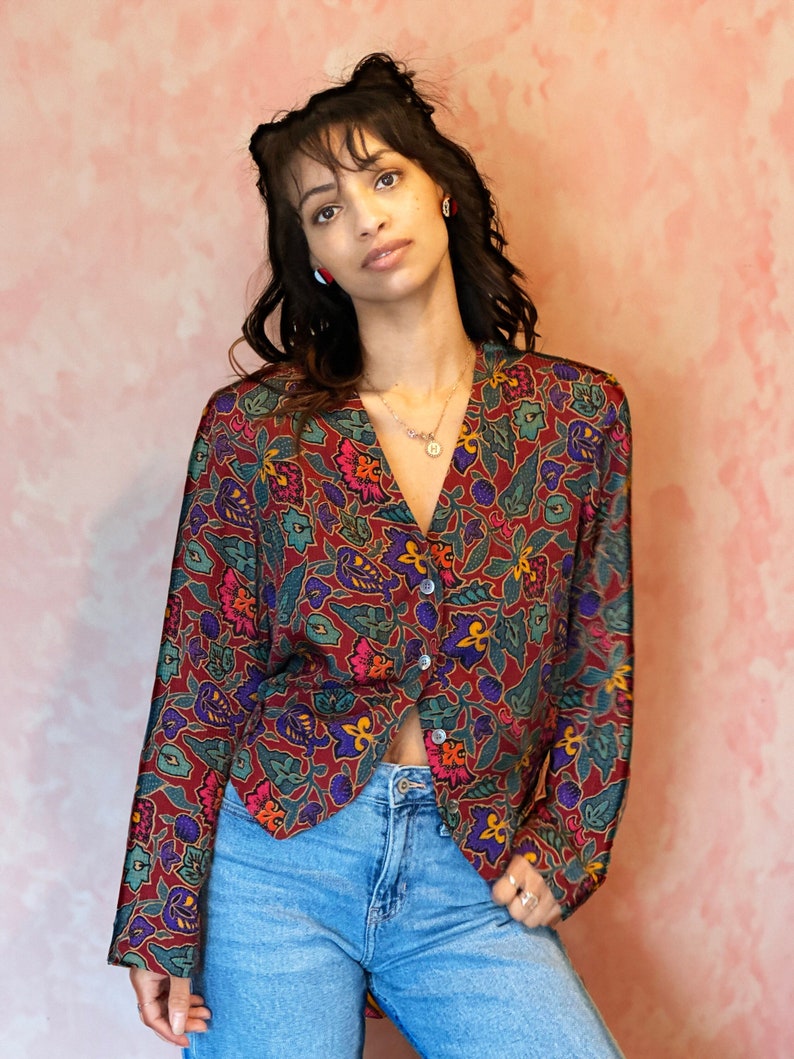 Vintage 80s/90s Blouse Geometric Floral Print all over image 1