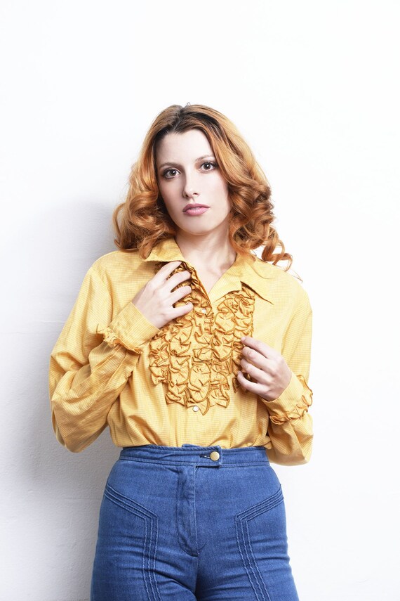 Vintage Long Sleeve Yellow Ruffled Tuxedo Blouse M