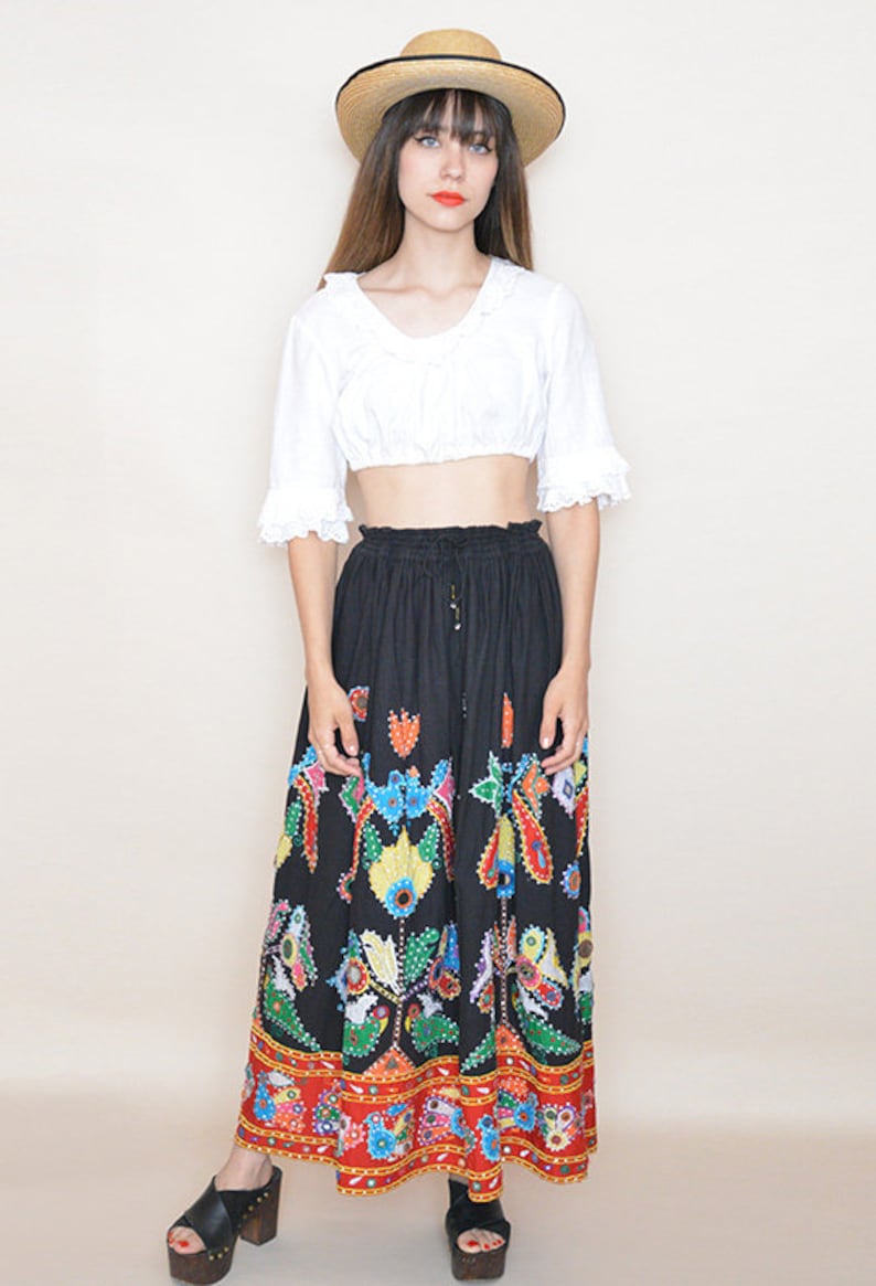 Vintage Ethnic Maxi Skirt Mexican 80s Embroidered Women